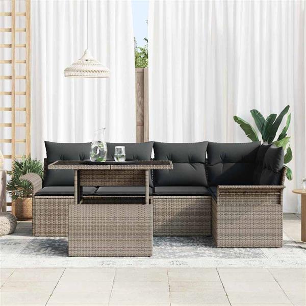 Grote foto vidaxl tuin sofa set met kussen 6 pcs grijs poly riet tuin en terras tuinmeubelen