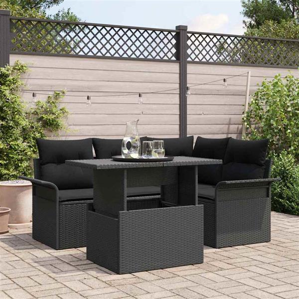 Grote foto vidaxl tuin sofa set met kussen 5 pcs zwart poly riet tuin en terras tuinmeubelen