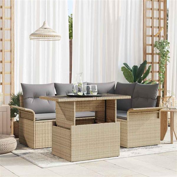 Grote foto vidaxl tuin sofa set met kussen 5 pcs beige poly riet tuin en terras tuinmeubelen