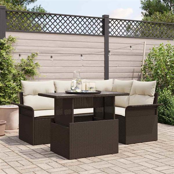 Grote foto vidaxl tuin sofa set met kussen 5 pcs bruin poly riet tuin en terras tuinmeubelen