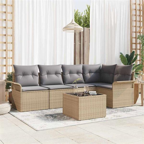 Grote foto vidaxl tuin sofa set met kussen met opslag 6 pcs beige poly riet tuin en terras tuinmeubelen