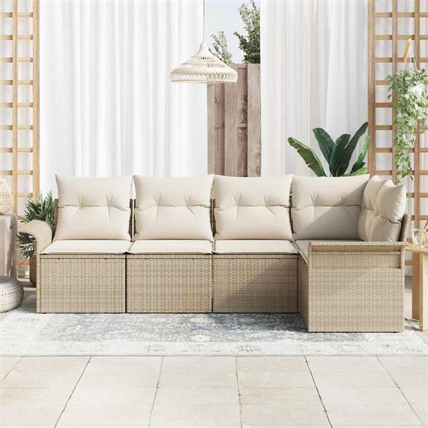 Grote foto vidaxl tuin sofa set met kussen met opslag 5 pcs beige poly riet tuin en terras tuinmeubelen