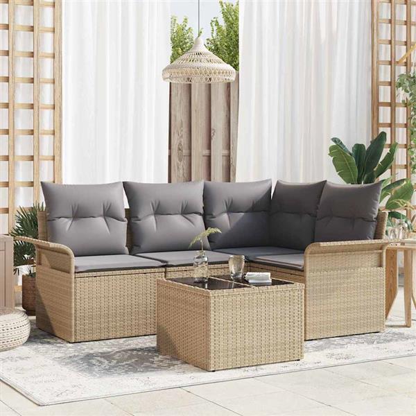 Grote foto vidaxl tuin sofa set met kussen met opslag 5 pcs beige poly riet tuin en terras tuinmeubelen