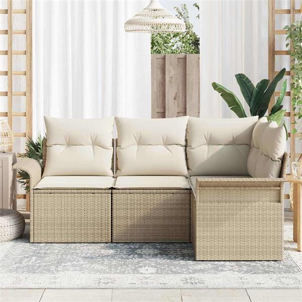 Grote foto vidaxl tuin sofa set met kussen met opslag 4 pcs beige poly riet tuin en terras tuinmeubelen