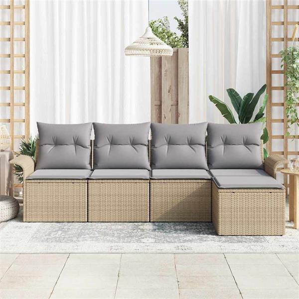 Grote foto vidaxl tuin sofa set met kussen met opslag 5 pcs beige poly riet tuin en terras tuinmeubelen