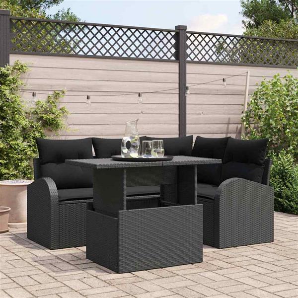 Grote foto vidaxl tuin sofa set met kussen 5 pcs zwart poly riet tuin en terras tuinmeubelen