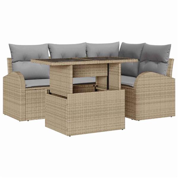 Grote foto vidaxl tuin sofa set met kussen 5 pcs beige poly riet tuin en terras tuinmeubelen