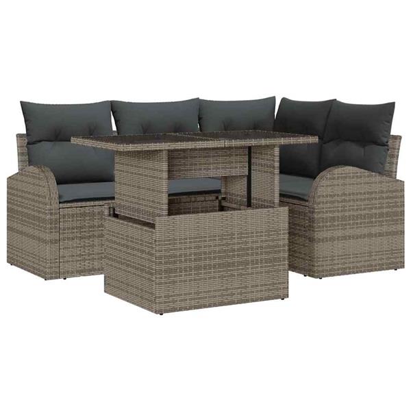 Grote foto vidaxl tuin sofa set met kussen 5 pcs grijs poly riet tuin en terras tuinmeubelen