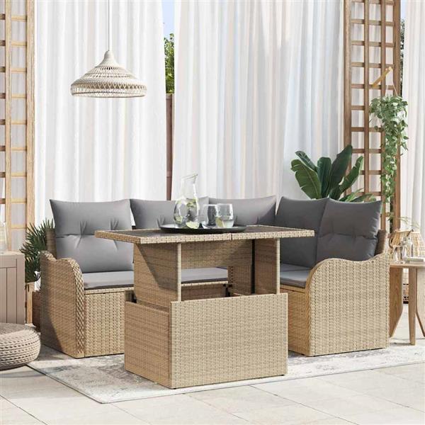 Grote foto vidaxl tuin sofa set met kussen 5 pcs beige poly riet tuin en terras tuinmeubelen