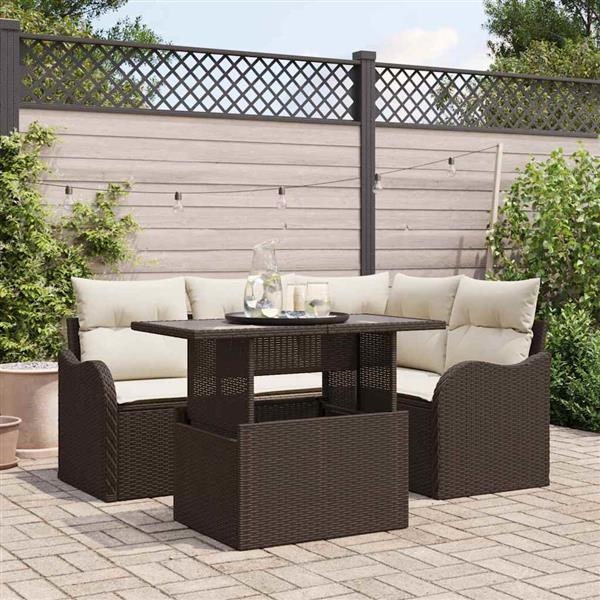Grote foto vidaxl tuin sofa set met kussen 5 pcs bruin poly riet tuin en terras tuinmeubelen