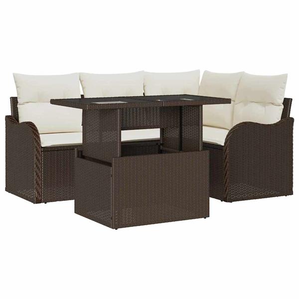 Grote foto vidaxl tuin sofa set met kussen 5 pcs bruin poly riet tuin en terras tuinmeubelen