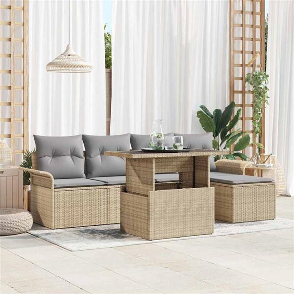 Grote foto vidaxl tuin sofa set met kussen 6 pcs beige poly riet tuin en terras tuinmeubelen