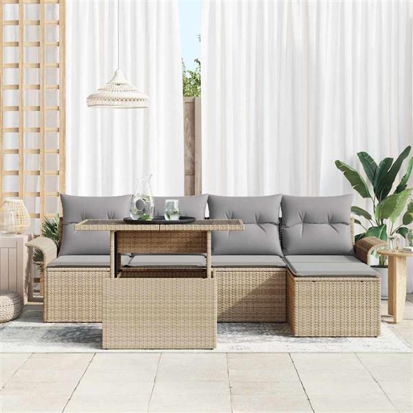 Grote foto vidaxl tuin sofa set met kussen 6 pcs beige poly riet tuin en terras tuinmeubelen