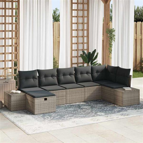 Grote foto vidaxl tuin sofa set met kussen 7 pcs grijs poly riet tuin en terras tuinmeubelen