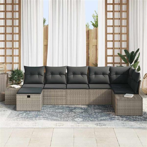 Grote foto vidaxl tuin sofa set met kussen 7 pcs grijs poly riet tuin en terras tuinmeubelen