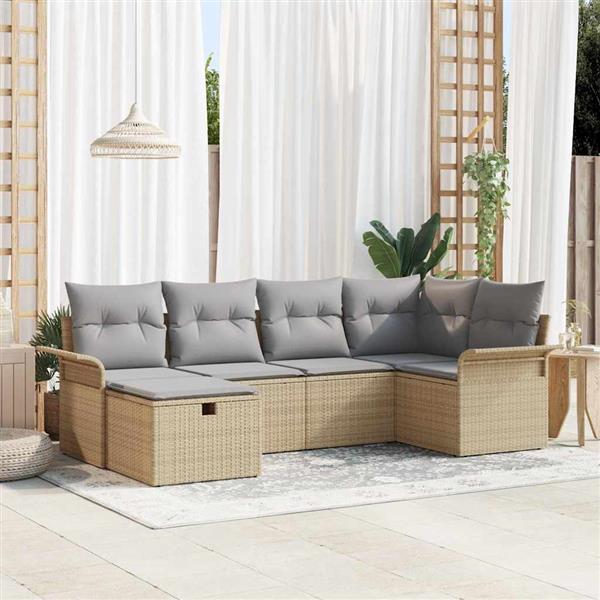 Grote foto vidaxl tuin sofa set met kussen met opslag 6 pcs beige poly riet tuin en terras tuinmeubelen