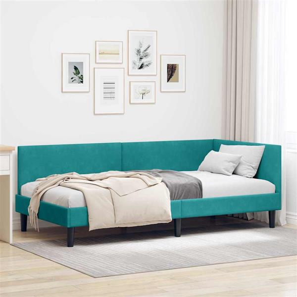 Grote foto vidaxl hoekbedframe turquoise 80 x 200 cm fluweel en engineered hout antiek en kunst stoelen en banken