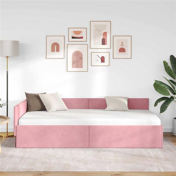 Grote foto vidaxl hoekbedframe roze 100 x 200 cm fluweel en engineered hout antiek en kunst stoelen en banken