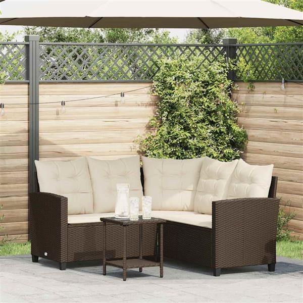 Grote foto vidaxl tuinbank met tafel en kussens l vormig bruin polyrotan tuin en terras tuinmeubelen