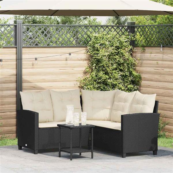 Grote foto vidaxl tuinbank met tafel en kussens l vormig zwart polyrotan tuin en terras tuinmeubelen