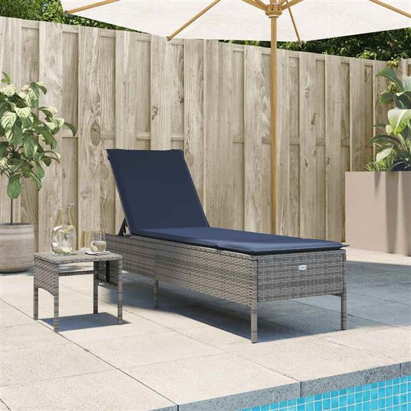 Grote foto vidaxl ligstoel met tafel en kussen grijs polyrotan tuin en terras tuinmeubelen