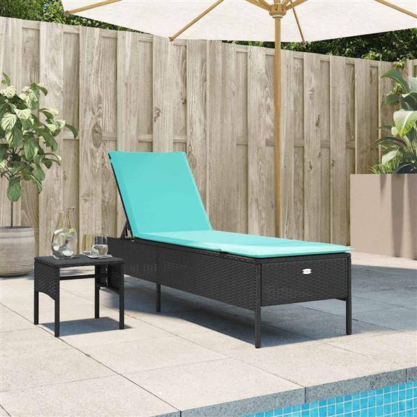 Grote foto vidaxl ligstoel met tafel en kussen zwart polyrotan tuin en terras tuinmeubelen