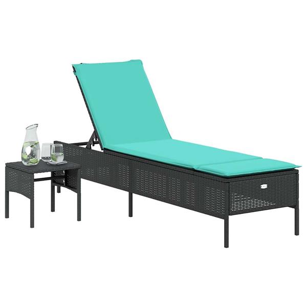 Grote foto vidaxl ligstoel met tafel en kussen zwart polyrotan tuin en terras tuinmeubelen