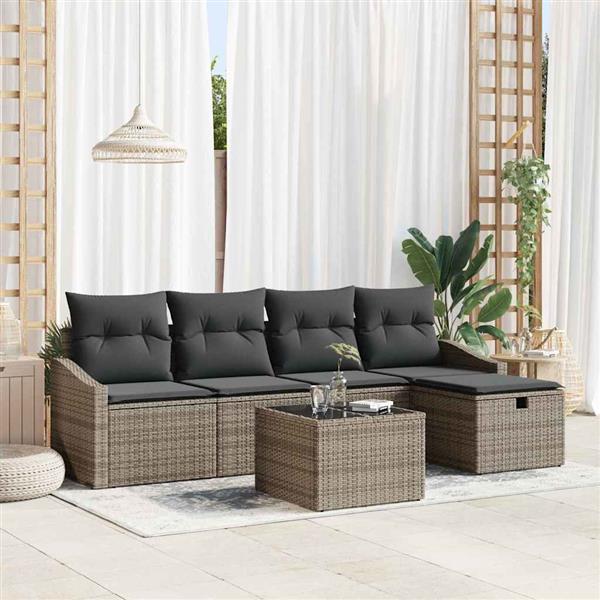 Grote foto vidaxl tuin sofa set met kussen 6 pcs grijs poly riet tuin en terras tuinmeubelen