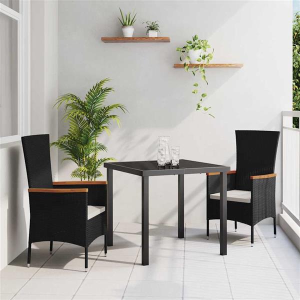 Grote foto vidaxl tuin eetset met kussen 3 pcs zwart poly riet tuin en terras tuinmeubelen