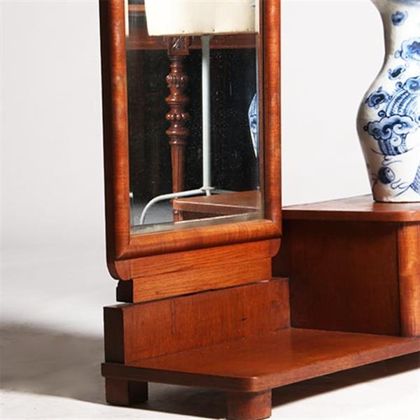 Grote foto strakke chique draaibare facet geslepen passpiegel halspiegel art deco in notenhout frame met 2 lad antiek en kunst spiegels