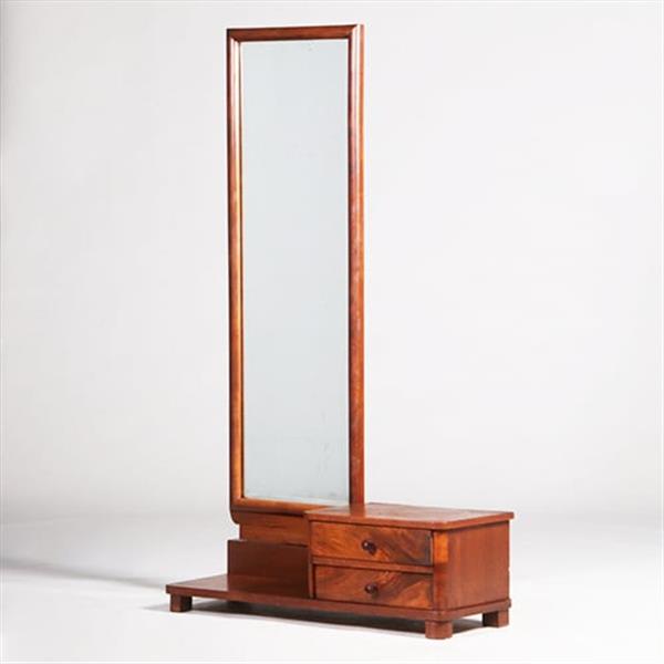 Grote foto strakke chique draaibare facet geslepen passpiegel halspiegel art deco in notenhout frame met 2 lad antiek en kunst spiegels