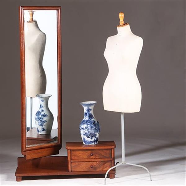 Grote foto strakke chique draaibare facet geslepen passpiegel halspiegel art deco in notenhout frame met 2 lad antiek en kunst spiegels