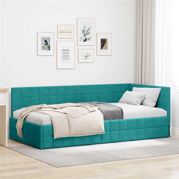 Grote foto vidaxl hoekbedframe met hoofdeinde turquoise 90 x 190 cm fluweel antiek en kunst stoelen en banken