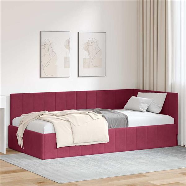 Grote foto vidaxl hoekbedframe met hoofdeinde wijnrood 90 x 200 cm fluweel antiek en kunst stoelen en banken