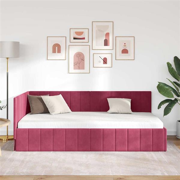 Grote foto vidaxl hoekbedframe met hoofdeinde wijnrood 90 x 190 cm fluweel antiek en kunst stoelen en banken