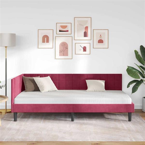 Grote foto vidaxl hoekbedframe met hoofdeinde wijnrood 90 x 190 cm fluweel antiek en kunst stoelen en banken