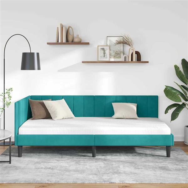 Grote foto vidaxl hoekbedframe met hoofdeinde turquoise 90 x 200 cm fluweel antiek en kunst stoelen en banken