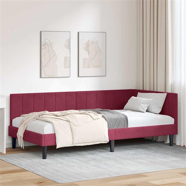 Grote foto vidaxl hoekbedframe met hoofdeinde wijnrood 90 x 190 cm fluweel antiek en kunst stoelen en banken