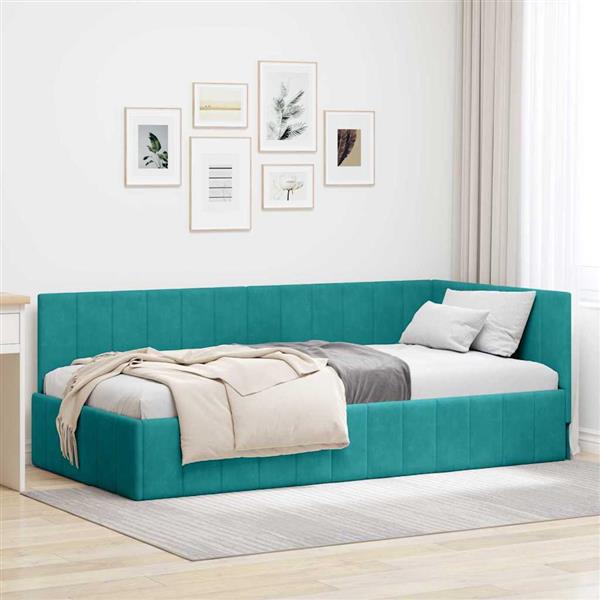 Grote foto vidaxl hoekbedframe met hoofdeinde turquoise 90 x 190 cm fluweel antiek en kunst stoelen en banken