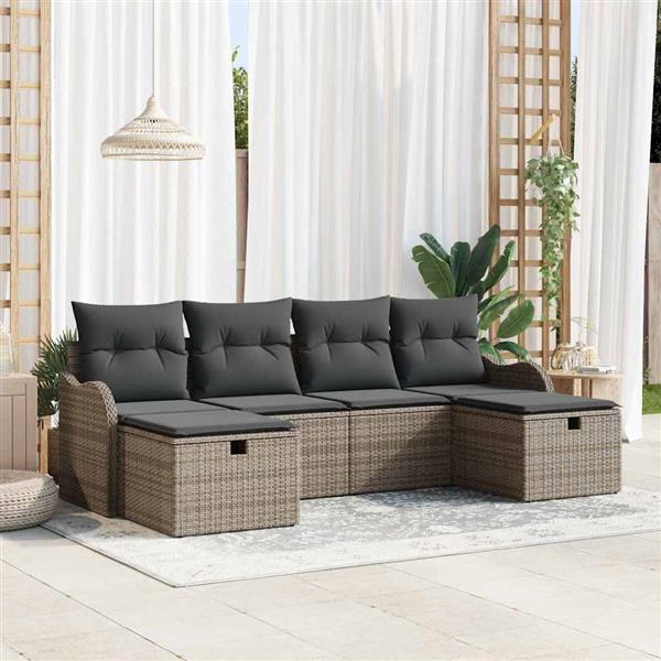 Grote foto vidaxl tuin sofa set met kussen met opslag 6 pcs grijs poly riet tuin en terras tuinmeubelen