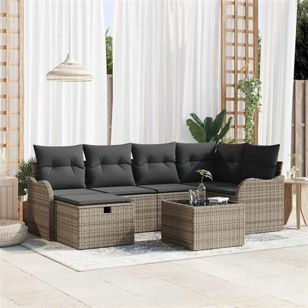 Grote foto vidaxl tuin sofa set met kussen met opslag 7 pcs grijs poly riet tuin en terras tuinmeubelen