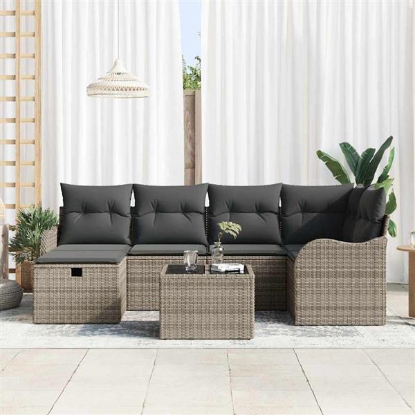 Grote foto vidaxl tuin sofa set met kussen met opslag 7 pcs grijs poly riet tuin en terras tuinmeubelen