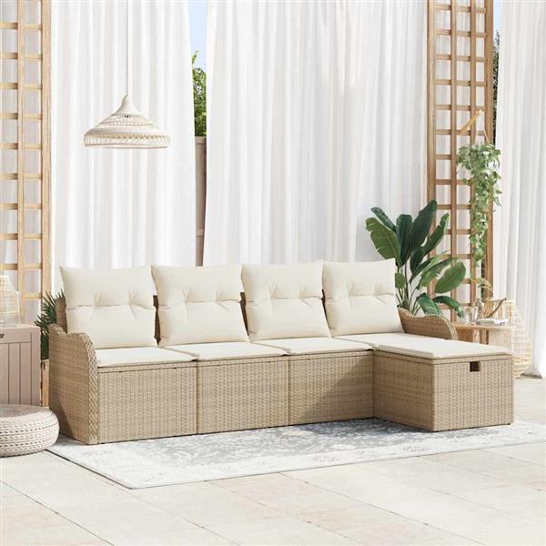 Grote foto vidaxl tuin sofa set met kussen met opslag 5 pcs beige poly riet tuin en terras tuinmeubelen