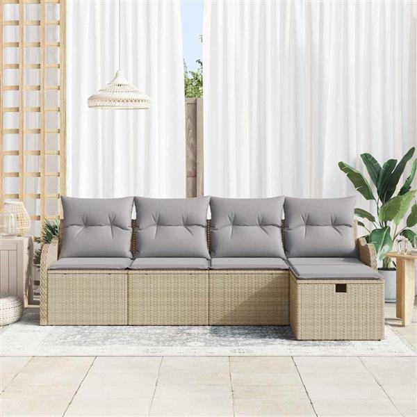 Grote foto vidaxl tuin sofa set met kussen met opslag 5 pcs beige poly riet tuin en terras tuinmeubelen