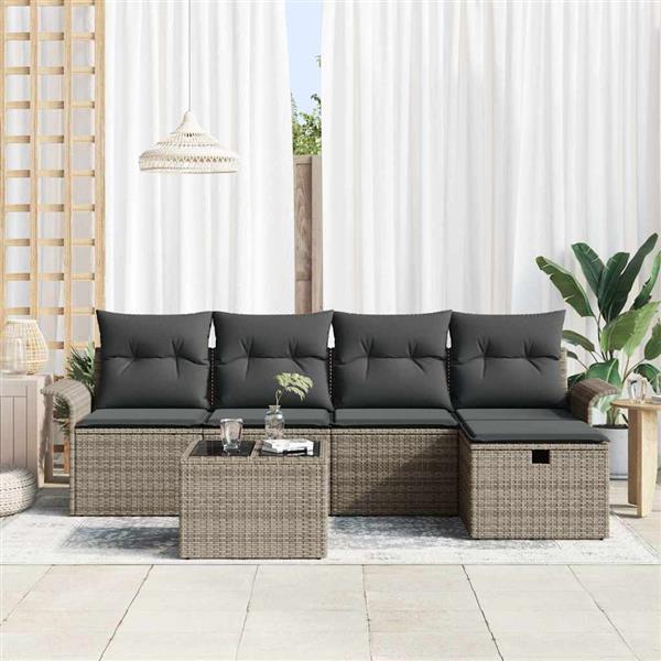 Grote foto vidaxl tuin sofa set met kussen met opslag 6 pcs grijs poly riet tuin en terras tuinmeubelen