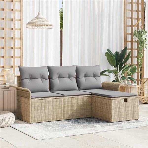 Grote foto vidaxl tuin sofa set met kussen met opslag 4 pcs beige poly riet tuin en terras tuinmeubelen