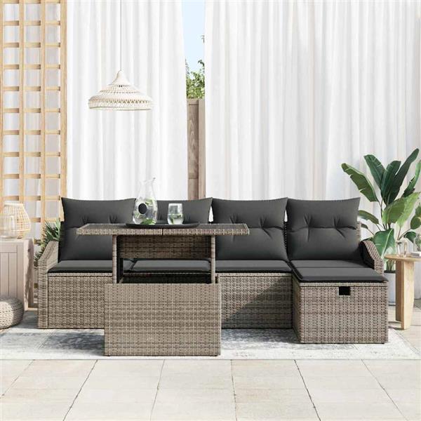 Grote foto vidaxl tuin sofa set met kussen met opslag 6 pcs grijs poly riet tuin en terras tuinmeubelen