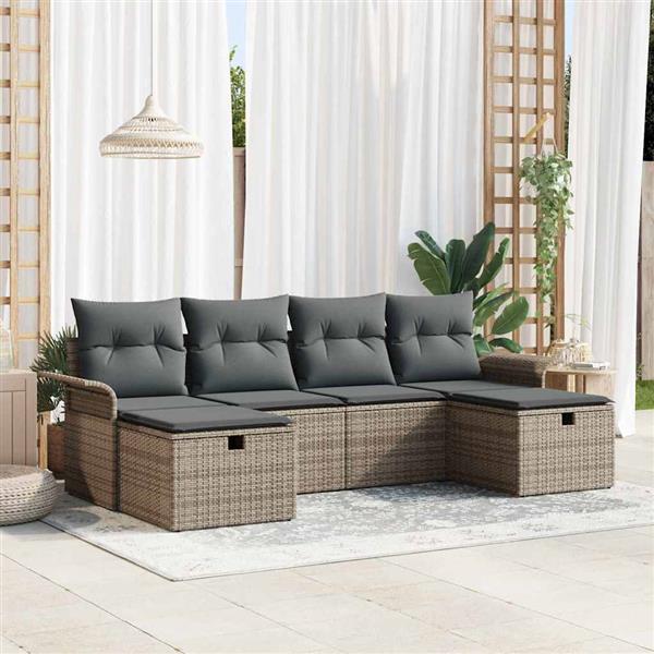 Grote foto vidaxl tuin sofa set met kussen met opslag 6 pcs grijs poly riet tuin en terras tuinmeubelen