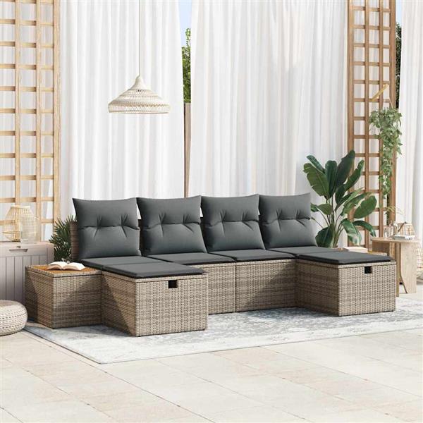 Grote foto vidaxl tuin sofa set met kussen 6 pcs grijs poly riet tuin en terras tuinmeubelen
