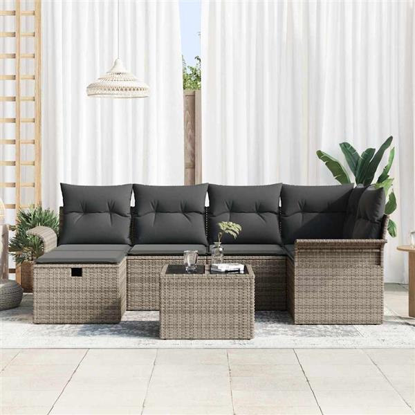 Grote foto vidaxl tuin sofa set met kussen met opslag 7 pcs grijs poly riet tuin en terras tuinmeubelen